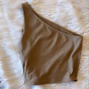 brown ribbed off the shoulder top
